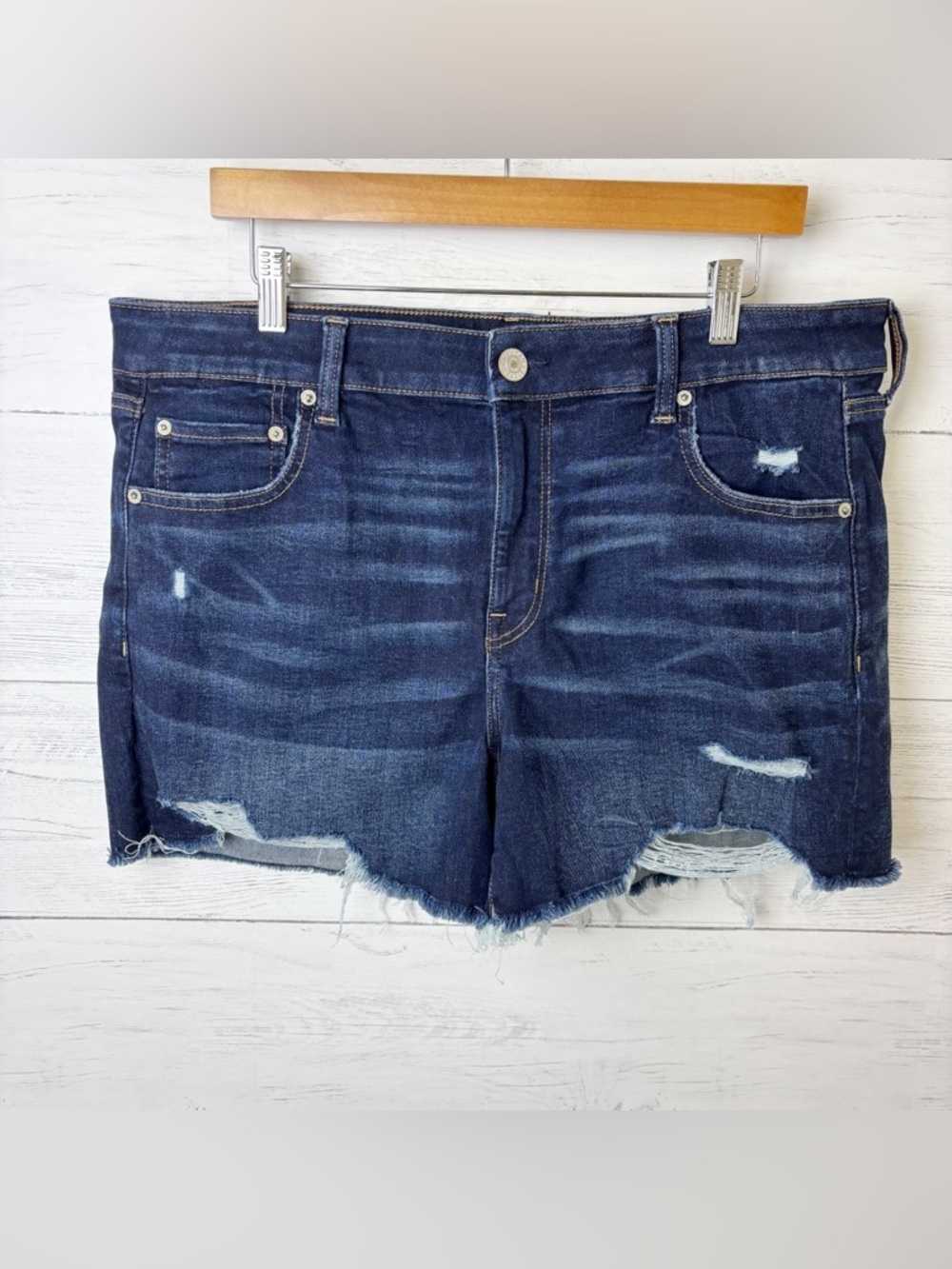 American Eagle Midi Cutoff Denim Shorts Dark Wash Distressed 18 - High Rise - Picture 11 of 11